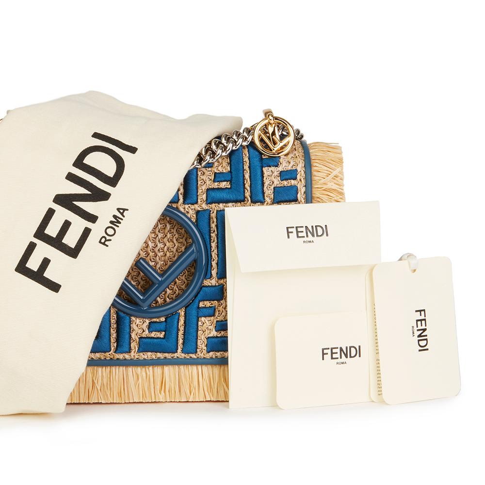 Fendi Blue Calfskin Leather and Embroidered Raffia Small Kan I F Bag 1