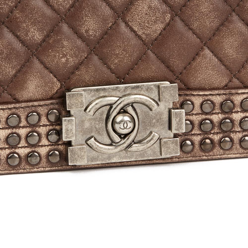 2014 Chanel Brown Quilted Studded Distressed Lambskin New Medium Le Boy Bag In Excellent Condition In Bishop's Stortford, Hertfordshire