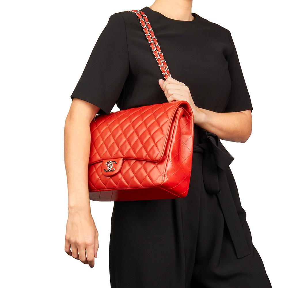  2011 Chanel Orange Red Quilted Lambskin Maxi Classic Double Flap Bag 4