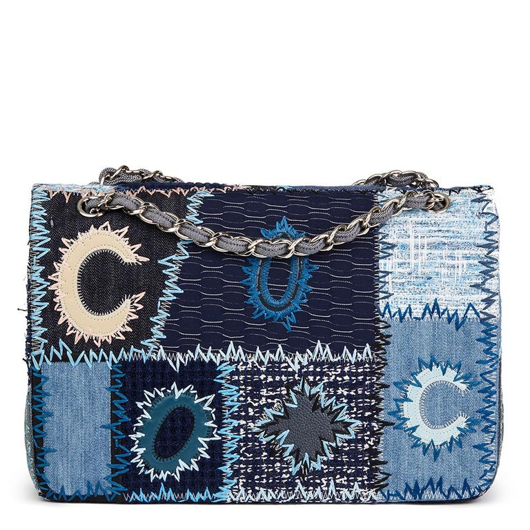 2015 Chanel Blue Denim Patchwork Jumbo Classic Single Flap Bag at
