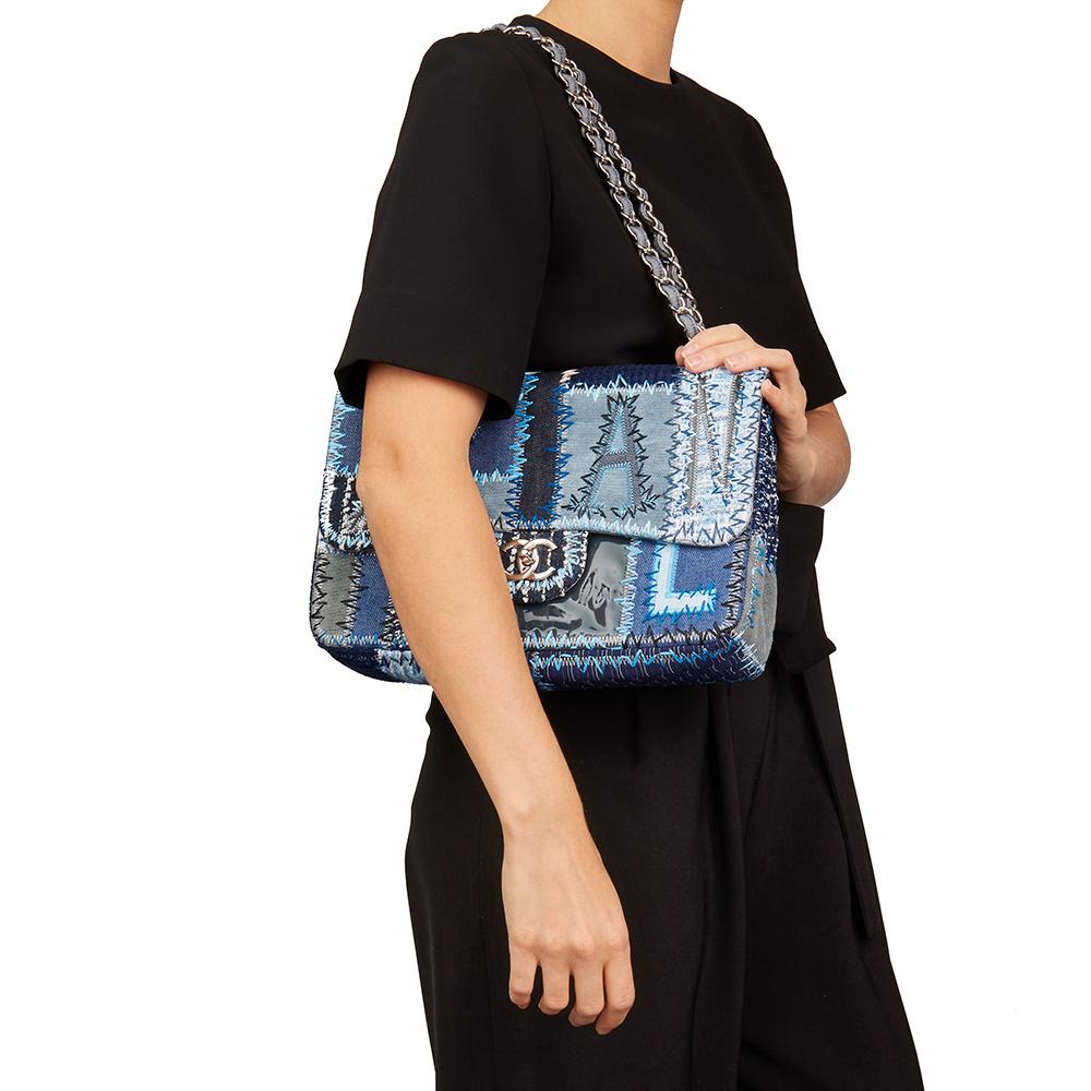 2015 Chanel Blue Denim Patchwork Jumbo Classic Single Flap Bag 5