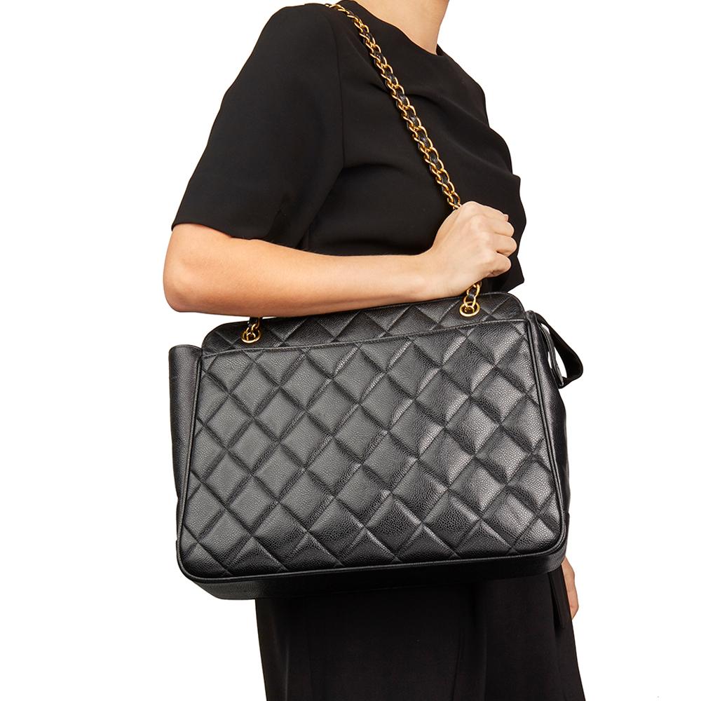 1990s Chanel Black Quilted Caviar Leather Timeless Shoulder Bag 7