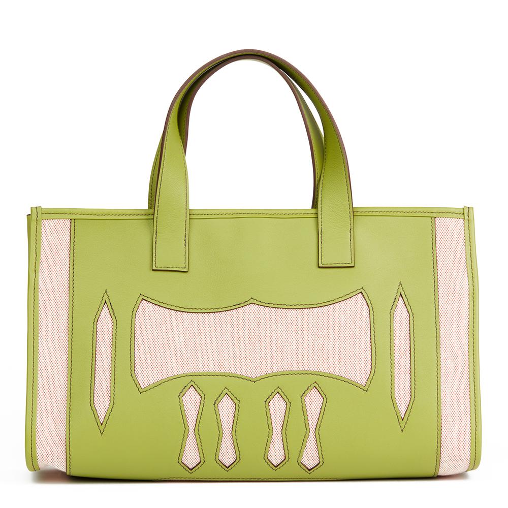 Women's 2010 Hermes Vert Anis Swift Leather & Natural Toile Petit H PM Skeleton Tote