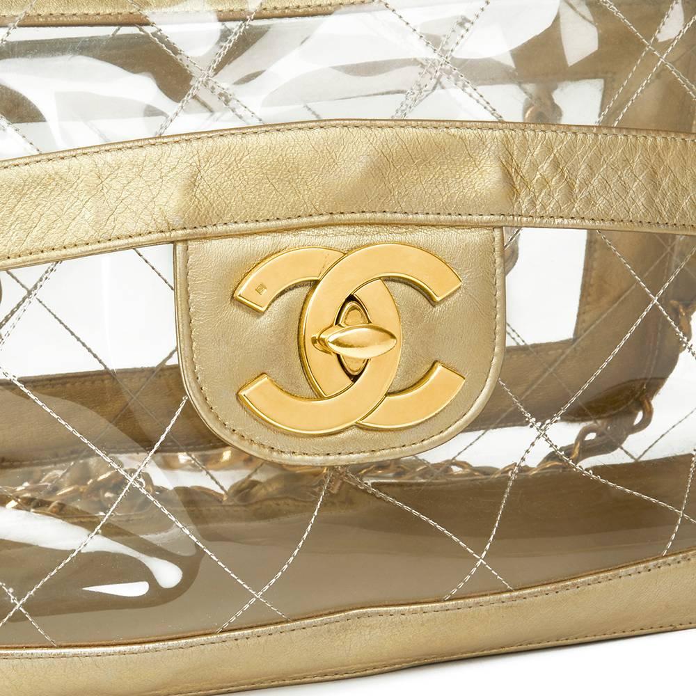 1996 Chanel Gold Metallic Lambskin and Transparent PVC Vintage Naked Jumbo  2
