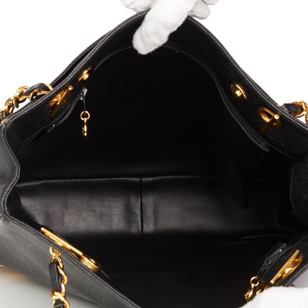 1992 Chanel Black Caviar Leather Jumbo Logo Trim Shoulder Bag 5
