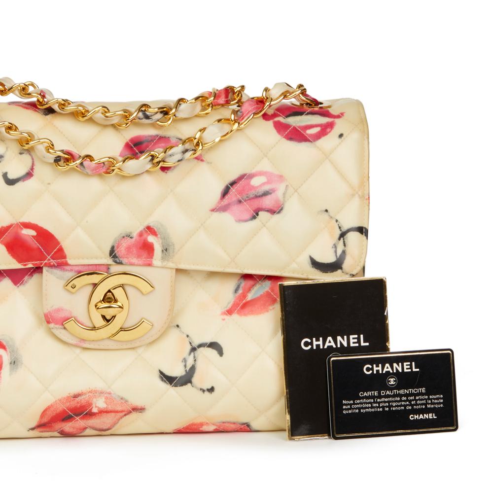 Women's 1994 Chanel Beige Quilted PVC 'Lips & Kisses' Vintage Maxi Jumbo XL Flap Bag