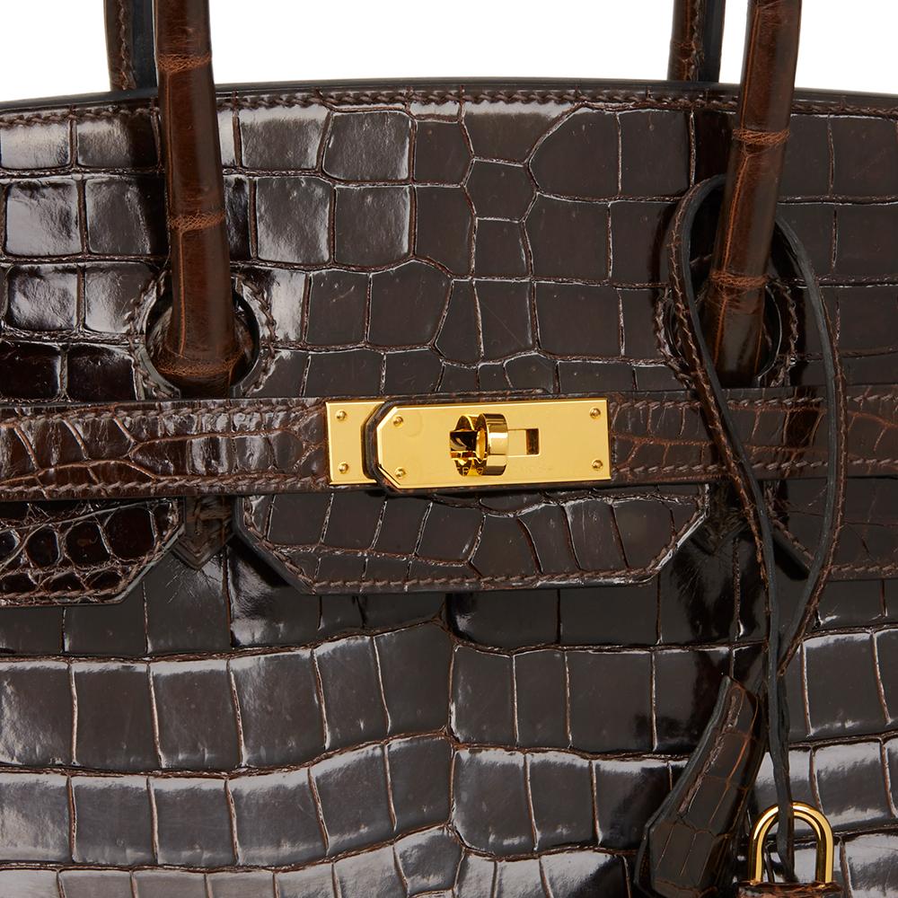 Black 2013 Hermès Chocolate Brown Shiny Porosus Crocodile Leather Birkin 35cm
