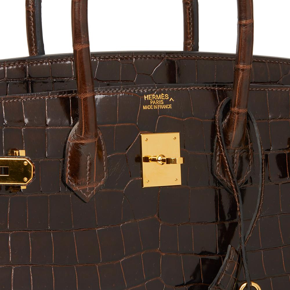 2013 Hermès Chocolate Brown Shiny Porosus Crocodile Leather Birkin 35cm In Good Condition In Bishop's Stortford, Hertfordshire