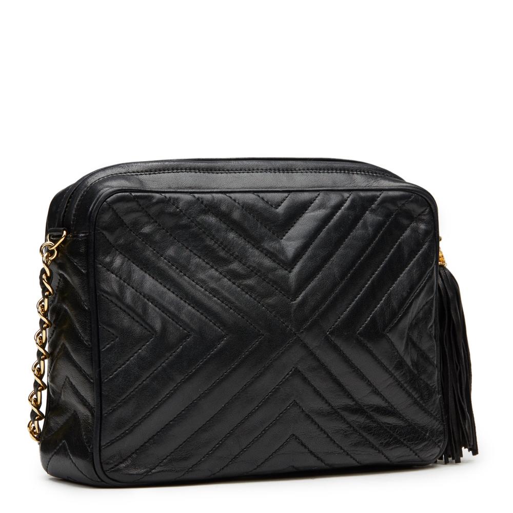 Women's 1987 Chanel Black Chevron Quilted Lambskin Vintage Timeless Fringe Camera Bag