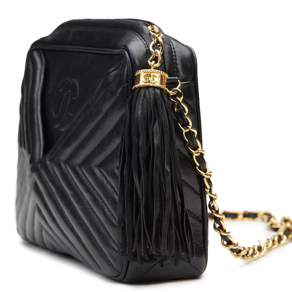 1987 Chanel Black Chevron Quilted Lambskin Vintage Timeless Fringe Camera Bag 3