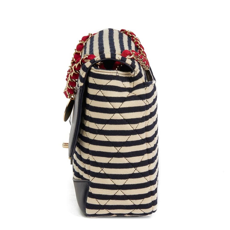 2014 Striped Jersey and Navy Lambskin Coco Sailor Jumbo Classic Single Flap  Bag at 1stDibs