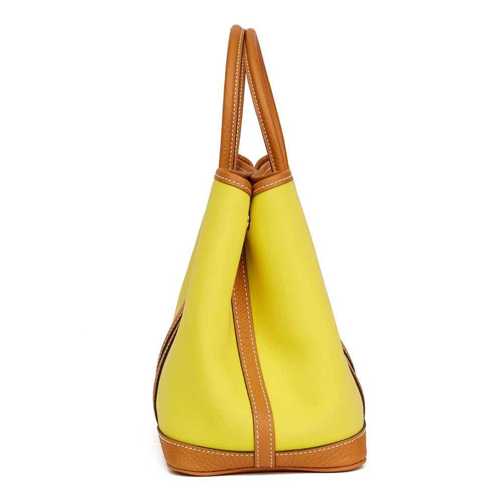 Yellow 2017 Hermès Lime Canvas & Toffee Negonda Leather Garden Party 30cm