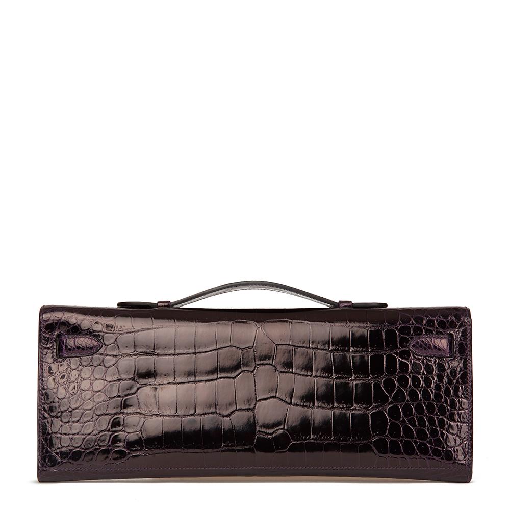 2016 Hermès Aubergine Shiny Porosus Crocodile Leather Kelly Cut In Excellent Condition In Bishop's Stortford, Hertfordshire