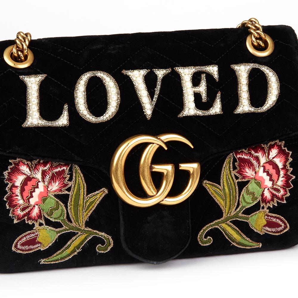 2018 Gucci Black Quilted & Embellished Velvet 'Loved' Medium Marmont 2