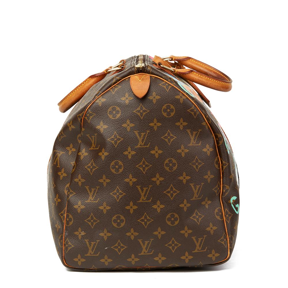 LOUIS VUITTON
 X Year Zero London Hand-painted  ‘17th Century Snob’ Brown Coated Monogram Canvas Keepall 55

 Reference: HB2066
Serial Number: SP0945
Age (Circa): 1995
Authenticity Details: Date Stamp (Made in France)
Gender: Unisex
Type: