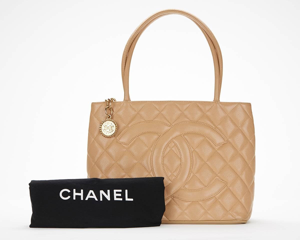 1990s Chanel Beige Quilted Caviar Leather Iconic Medallion Tote 6