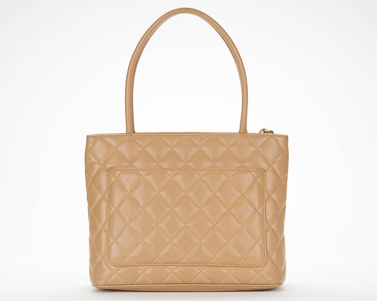 Women's 1990s Chanel Beige Quilted Caviar Leather Iconic Medallion Tote