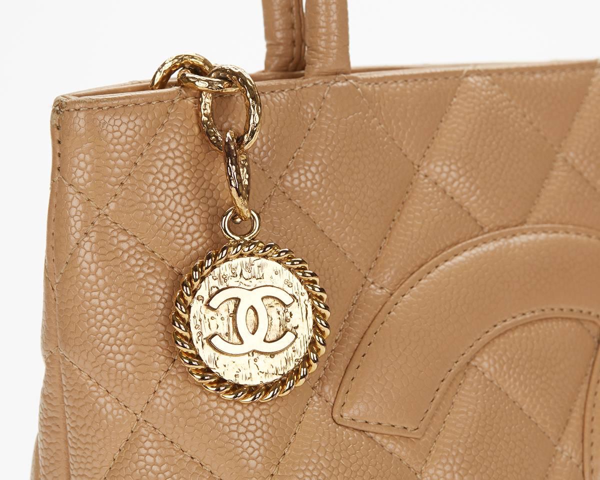 1990s Chanel Beige Quilted Caviar Leather Iconic Medallion Tote 2