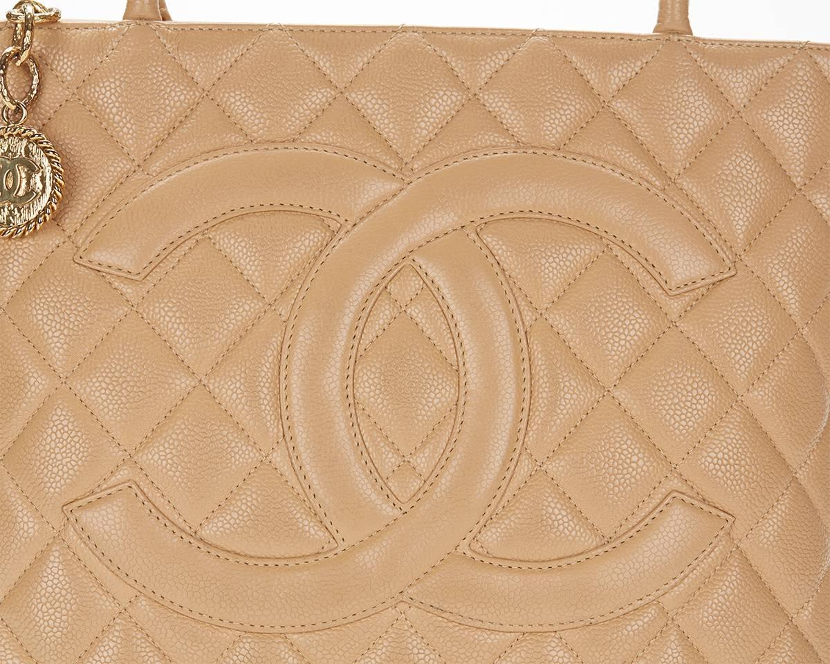 1990s Chanel Beige Quilted Caviar Leather Iconic Medallion Tote 3