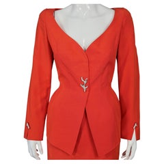 Vintage THIERRY MUGLER Jeweled Coral Button Orange Jacket Skirt Suit