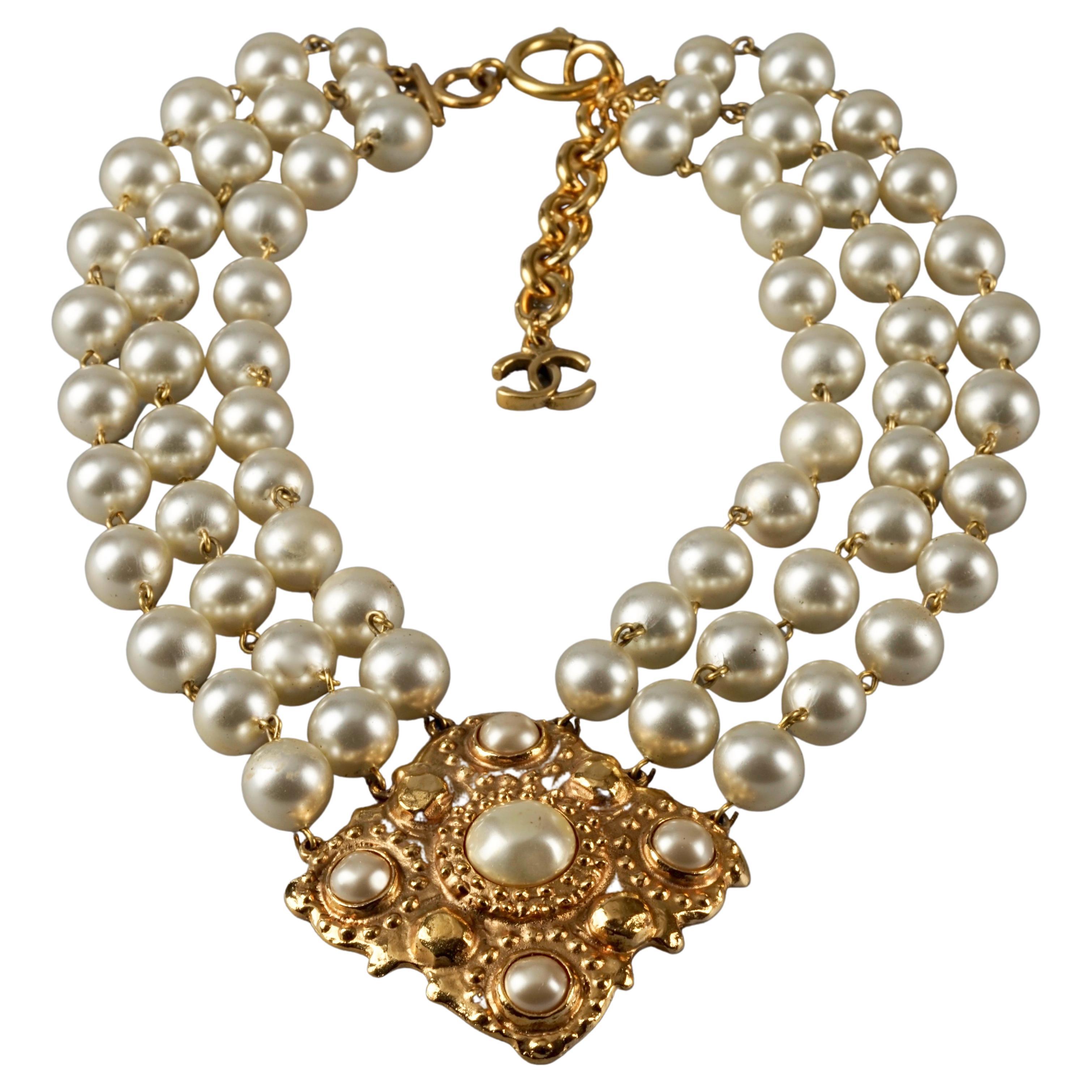 Vintage Chanel Multi Strand Pearl Diamond Pendant Necklace at