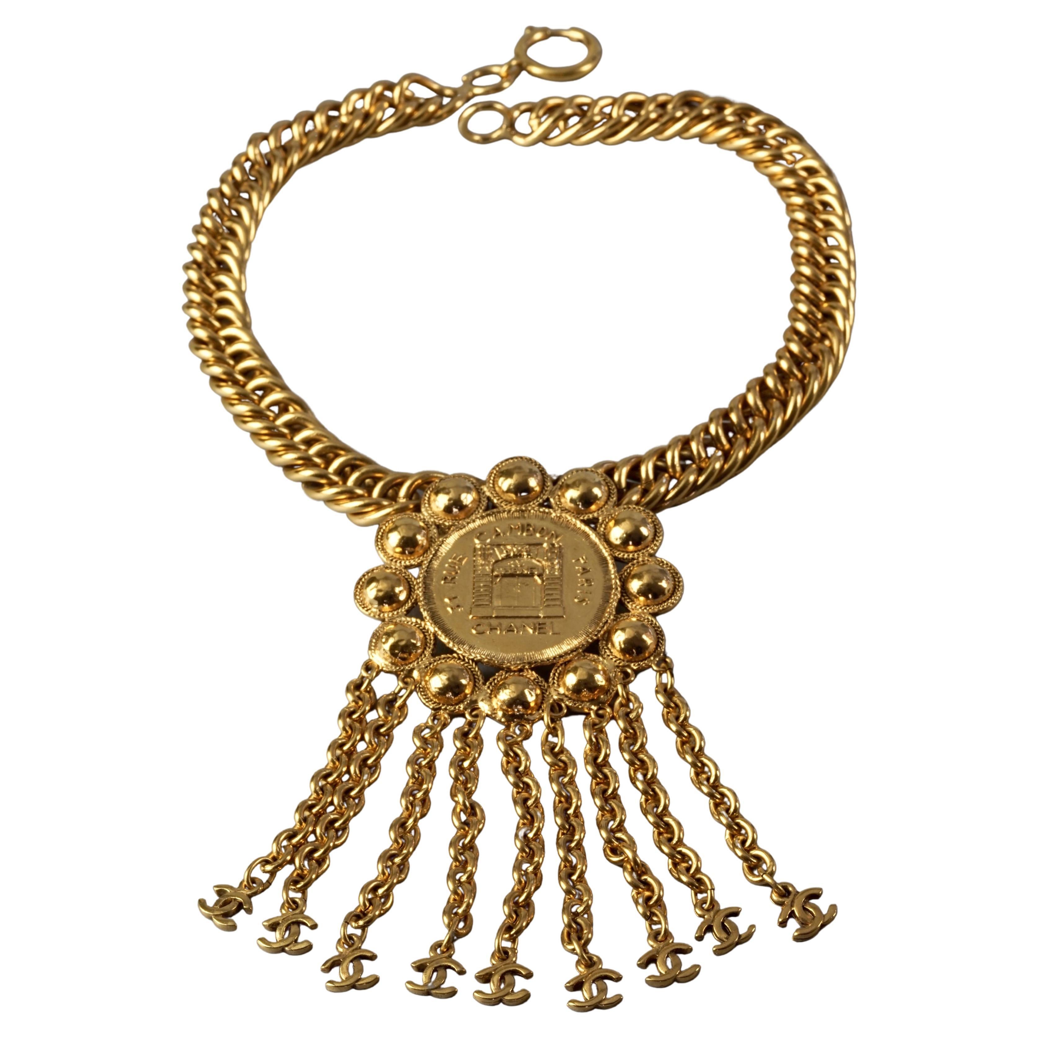Vintage CHANEL Address Medallion Chain Fringe CC Logo Choker Necklace For Sale