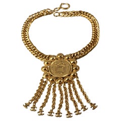 Vintage CHANEL Address Medallion Chain Fringe CC Logo Choker Necklace