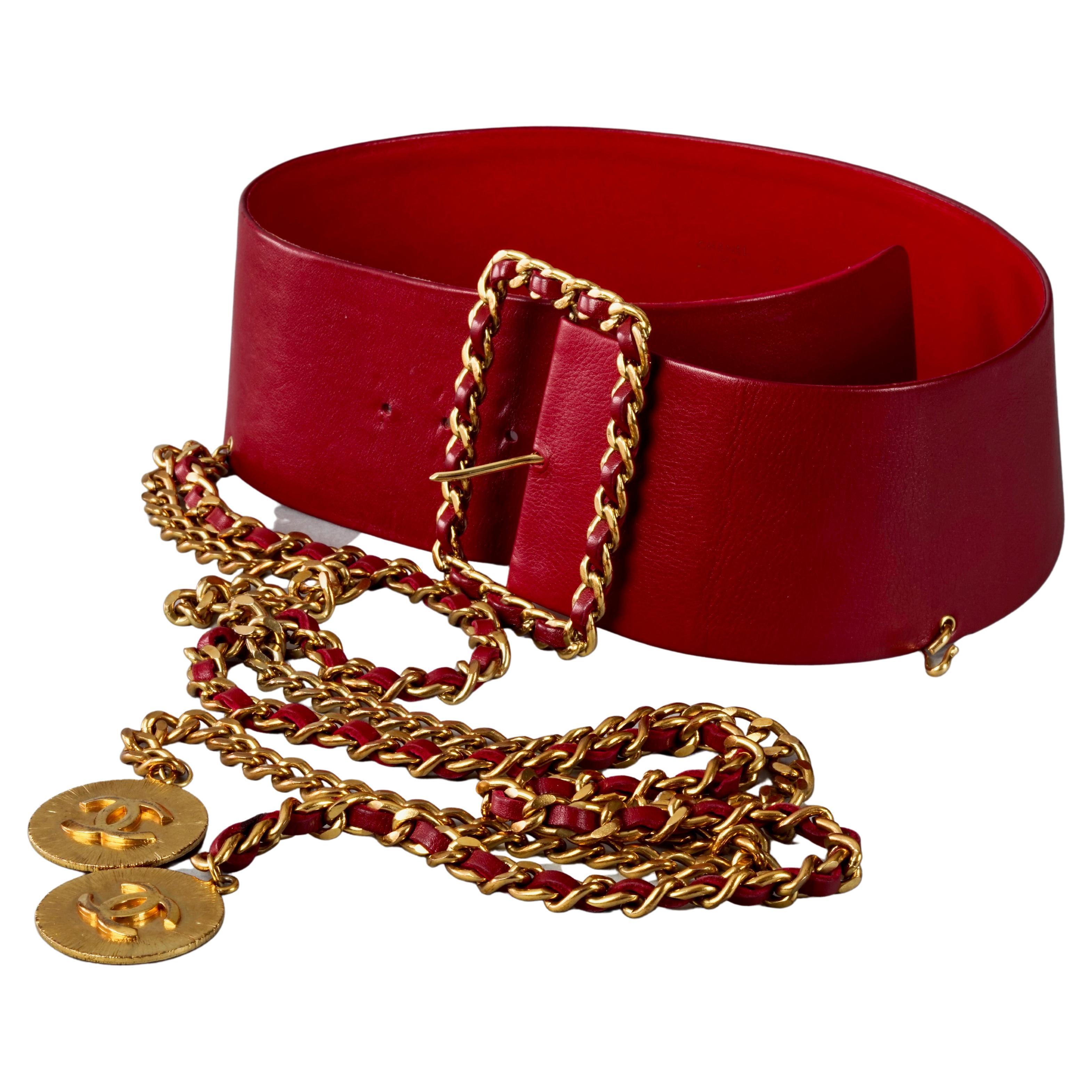 Vintage CHANEL Claudia Schiffer Wide Long Chain Medallion Red Leather Belt  For Sale at 1stDibs | chanel wide belt