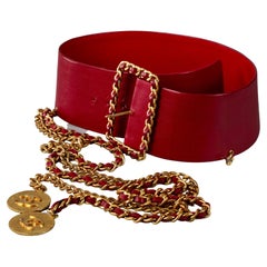 Vintage CHANEL Claudia Schiffer Wide Long Chain Medallion Red Leather Belt