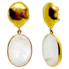 Oval Cabochon Rainbow Moonstone Vermeil Drop Earrings