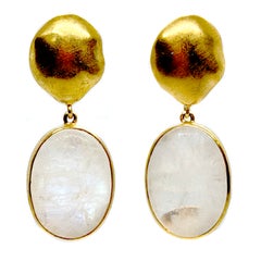Oval Cabochon Rainbow Moonstone Vermeil Drop Earrings