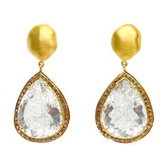 Natural Rutilated Quartz with Brown Diamond Drop Vermeil Earrings