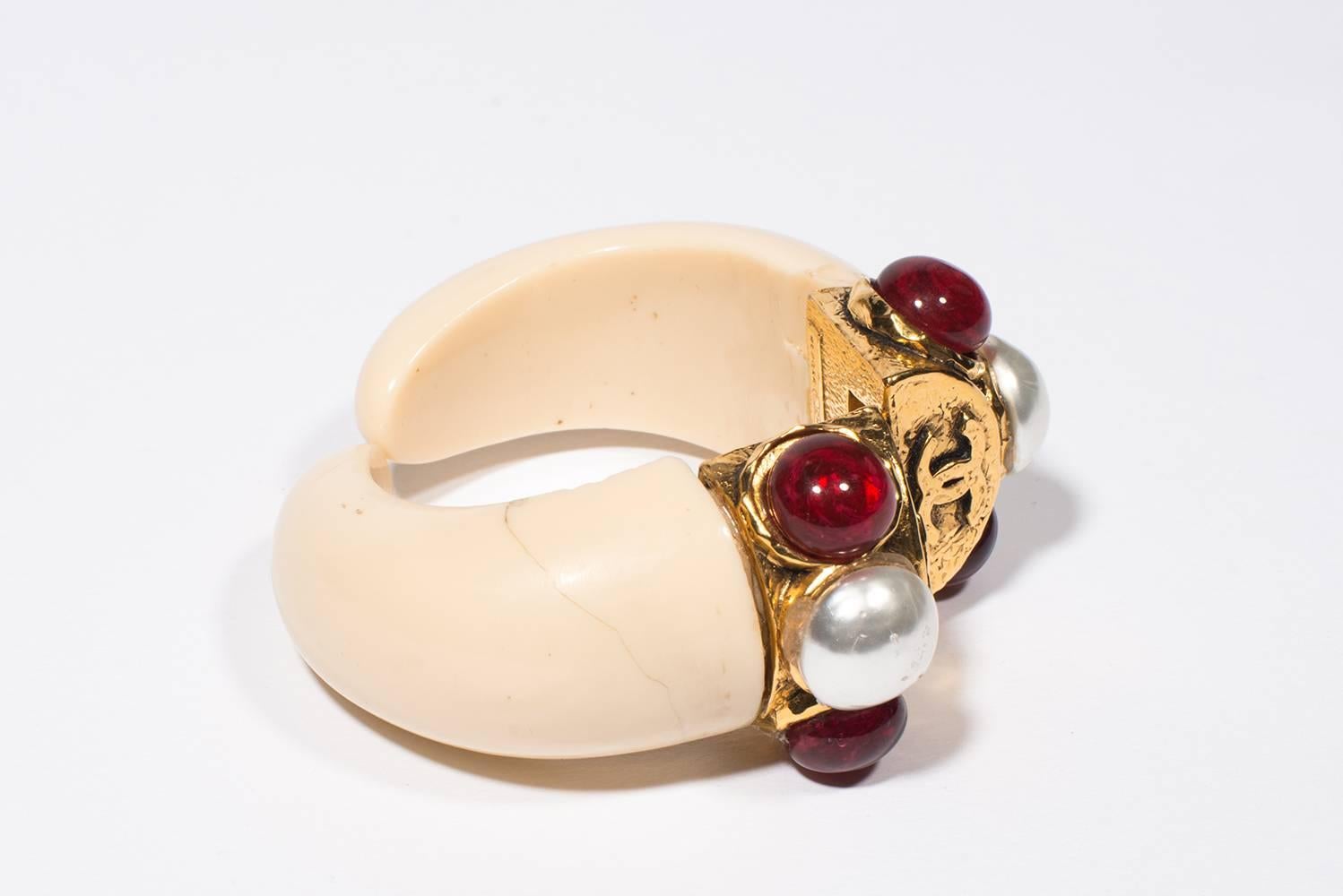 Women's or Men's 1970's Rare Chanel Cream Bracelet Fake Pearl, Red Cabochon