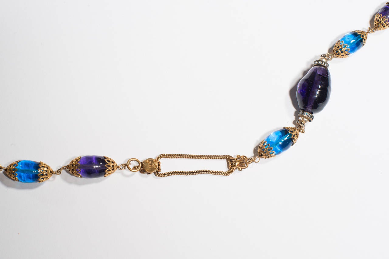 Chanel  Vintage   by Gripoix Long  Blue  Glass  Necklace 1990 In Excellent Condition For Sale In Paris, FR