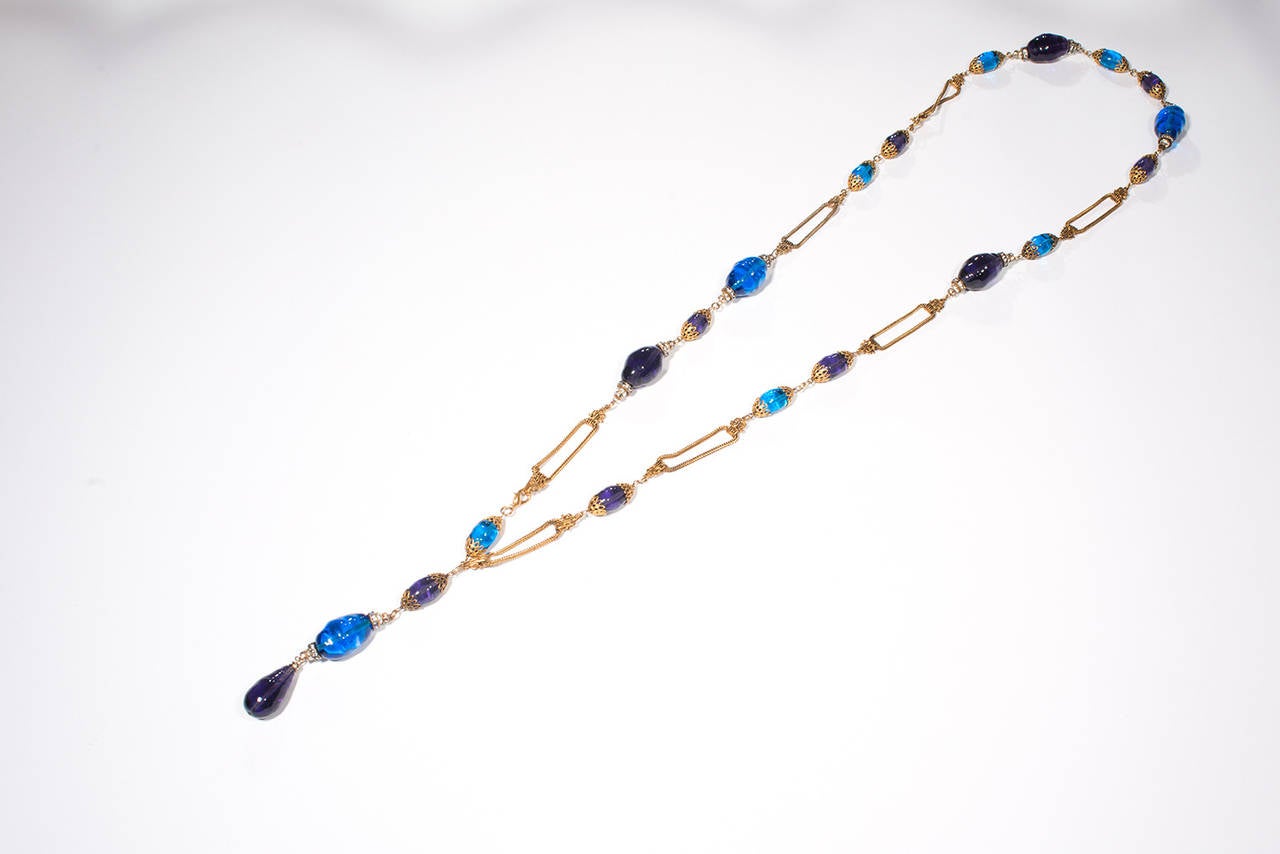 Chanel  Vintage   by Gripoix Long  Blue  Glass  Necklace 1990 For Sale 2