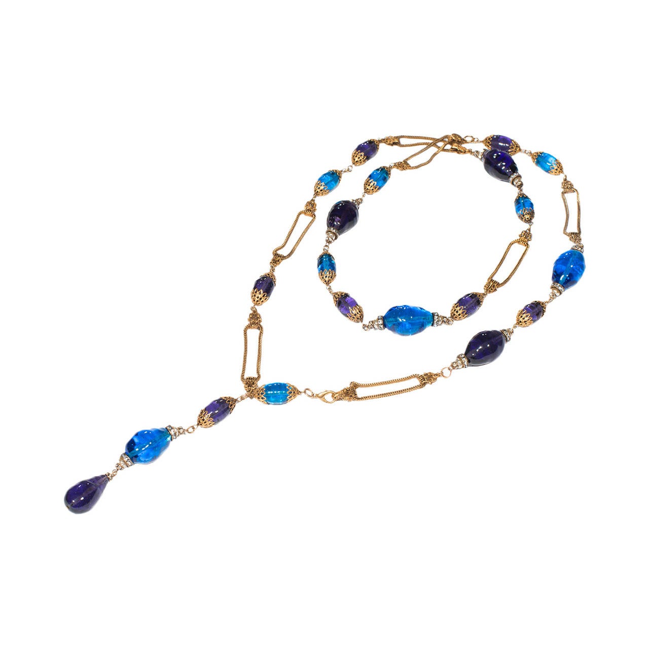 Chanel  Vintage   by Gripoix Long  Blue  Glass  Necklace 1990 For Sale