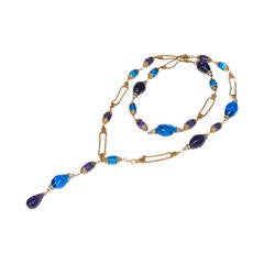 Chanel  Vintage   by Gripoix Long  Blue  Glass  Necklace 1990