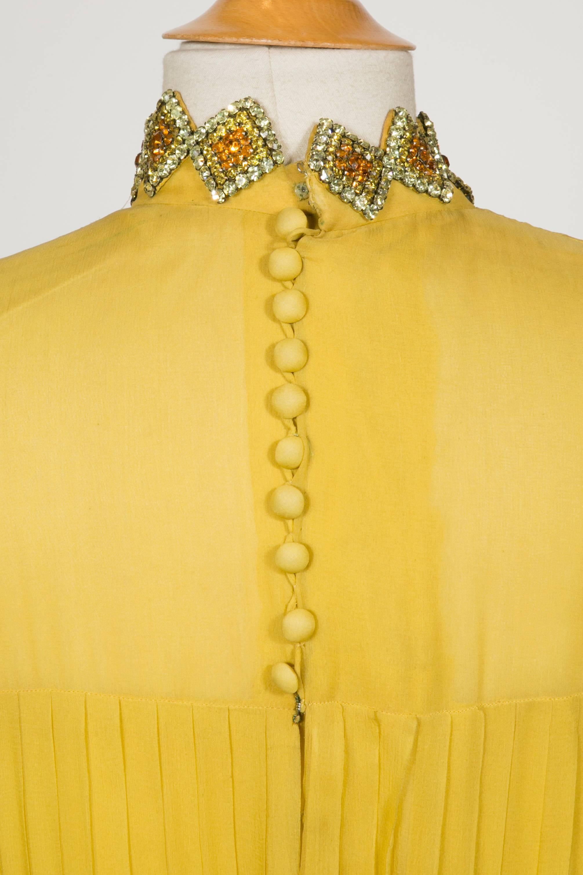 Women's 1970 Jean Patou fabulous Long Yellow Pleats Chiffon Dress