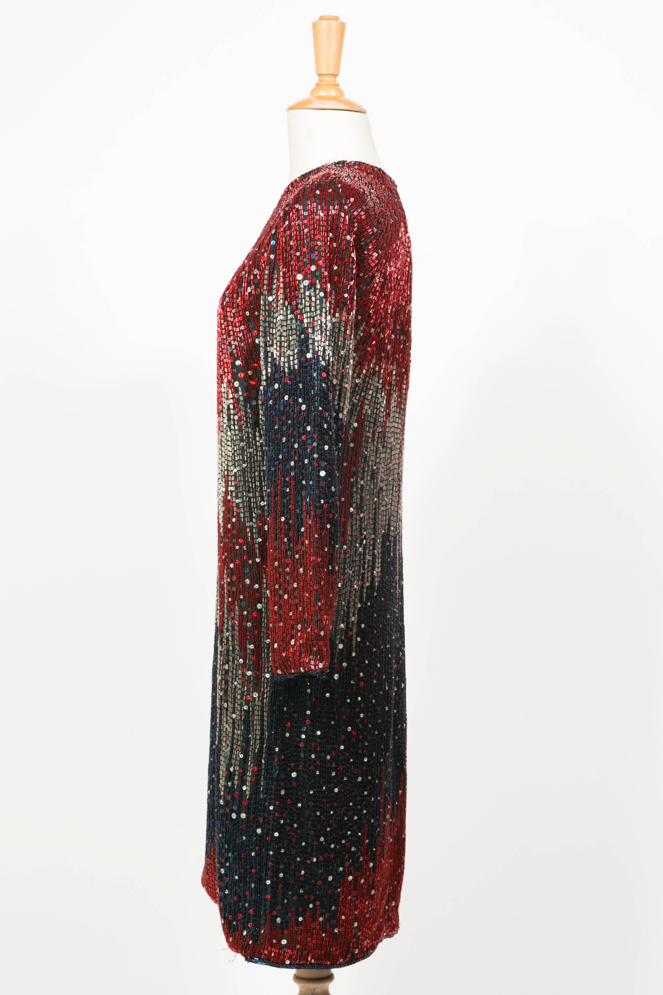 Black 1985/90 Halston Cocktail Red Blu White Embroidered For Sale