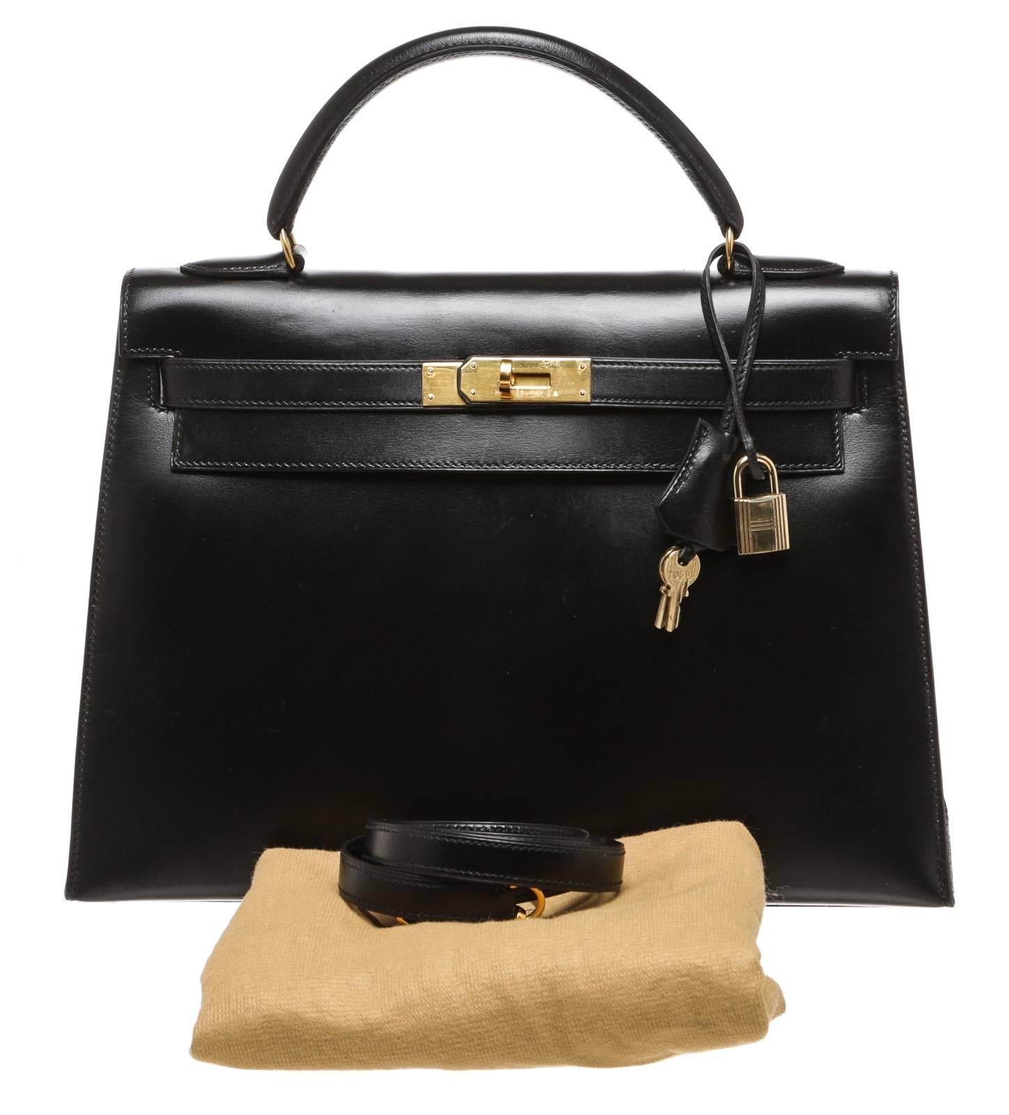 Hermes Black Leather 32cm Kelly Handbag GHW For Sale 5