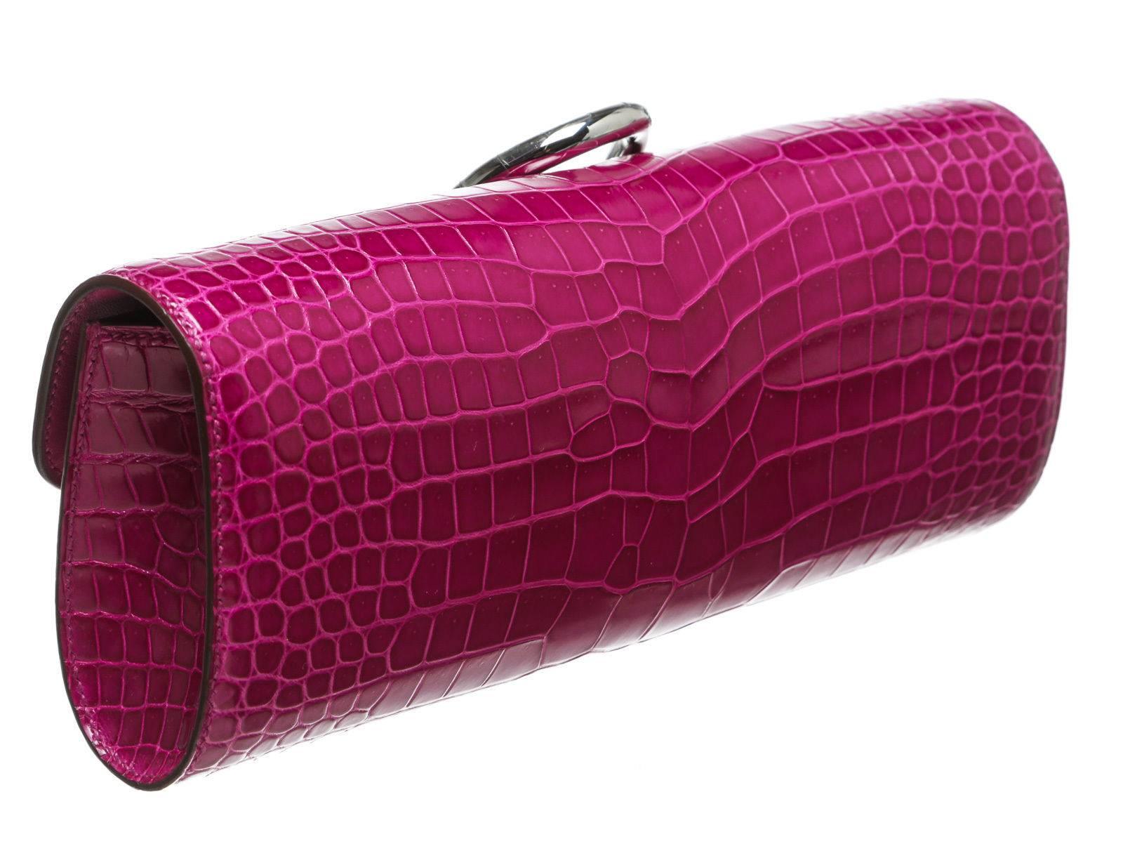 Purple Hermes Rose Sheherazade Crocodile Egree Clutch Handbag For Sale