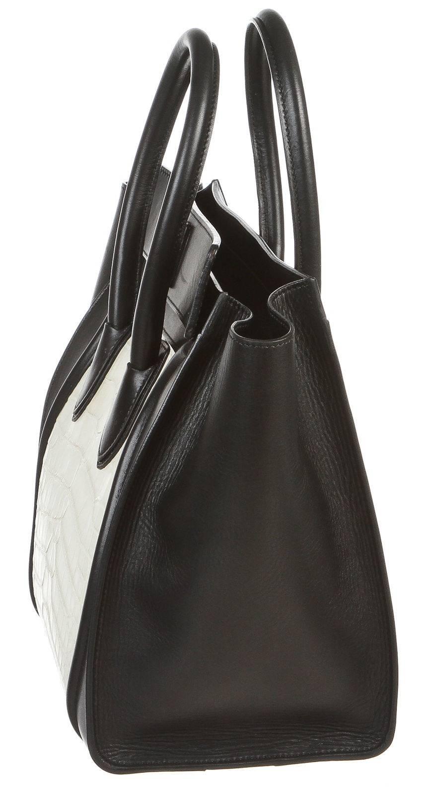 Celine Black Leather and White Crocodile Medium Luggage Tote Handbag In Good Condition For Sale In Corona Del Mar, CA