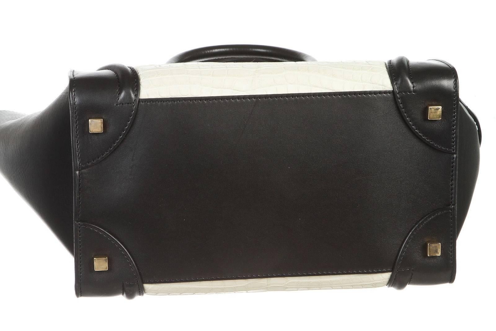 Celine Black Leather and White Crocodile Medium Luggage Tote Handbag For Sale 1