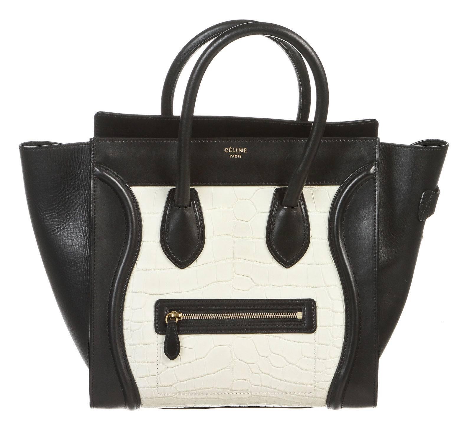 Celine Black Leather and White Crocodile Medium Luggage Tote Handbag For Sale
