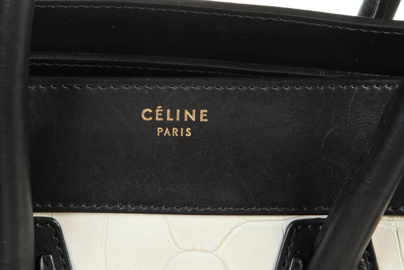 Celine Black Leather and White Crocodile Medium Luggage Tote Handbag For Sale 2