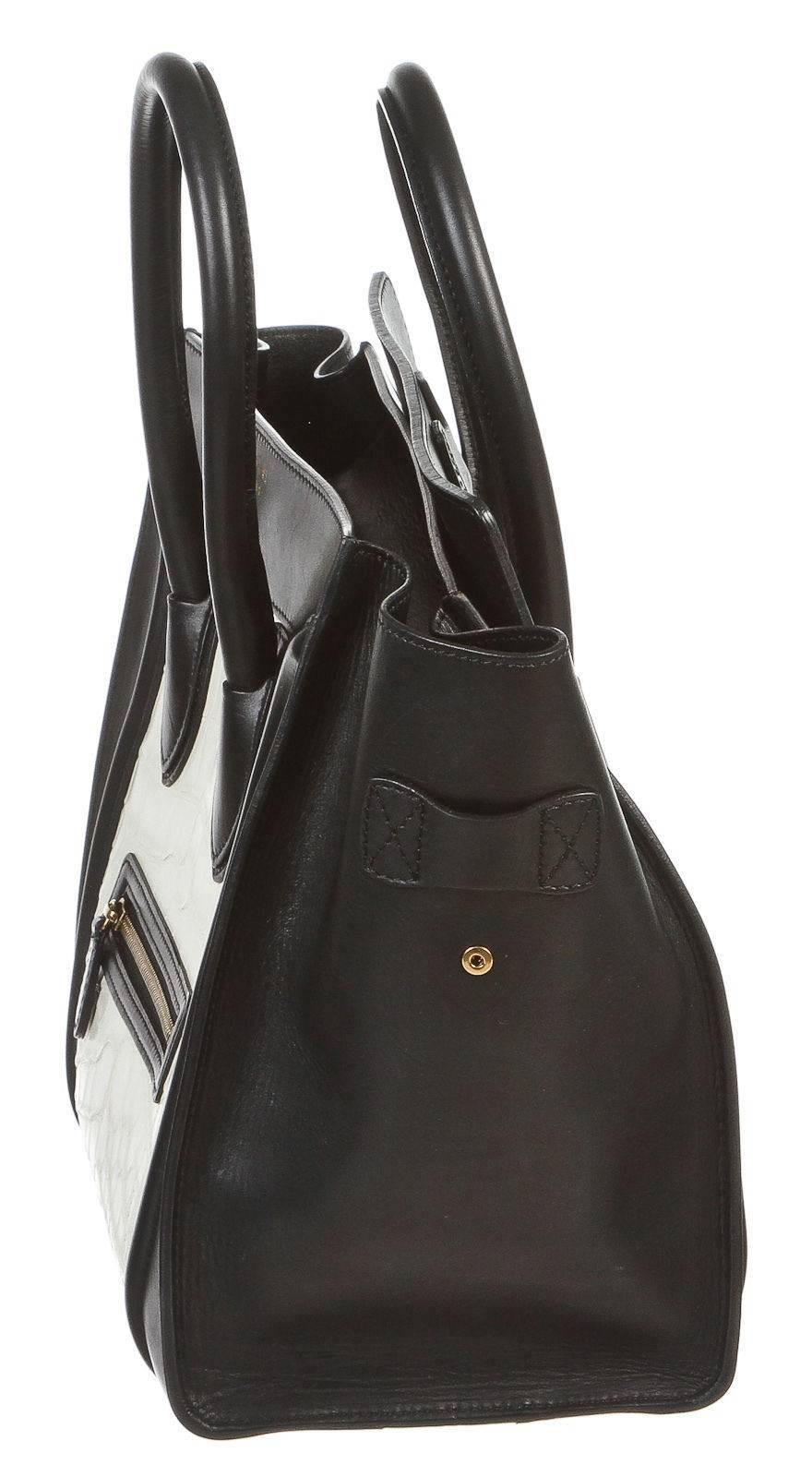 Celine Black Leather and White Crocodile Medium Luggage Tote Handbag For Sale 3