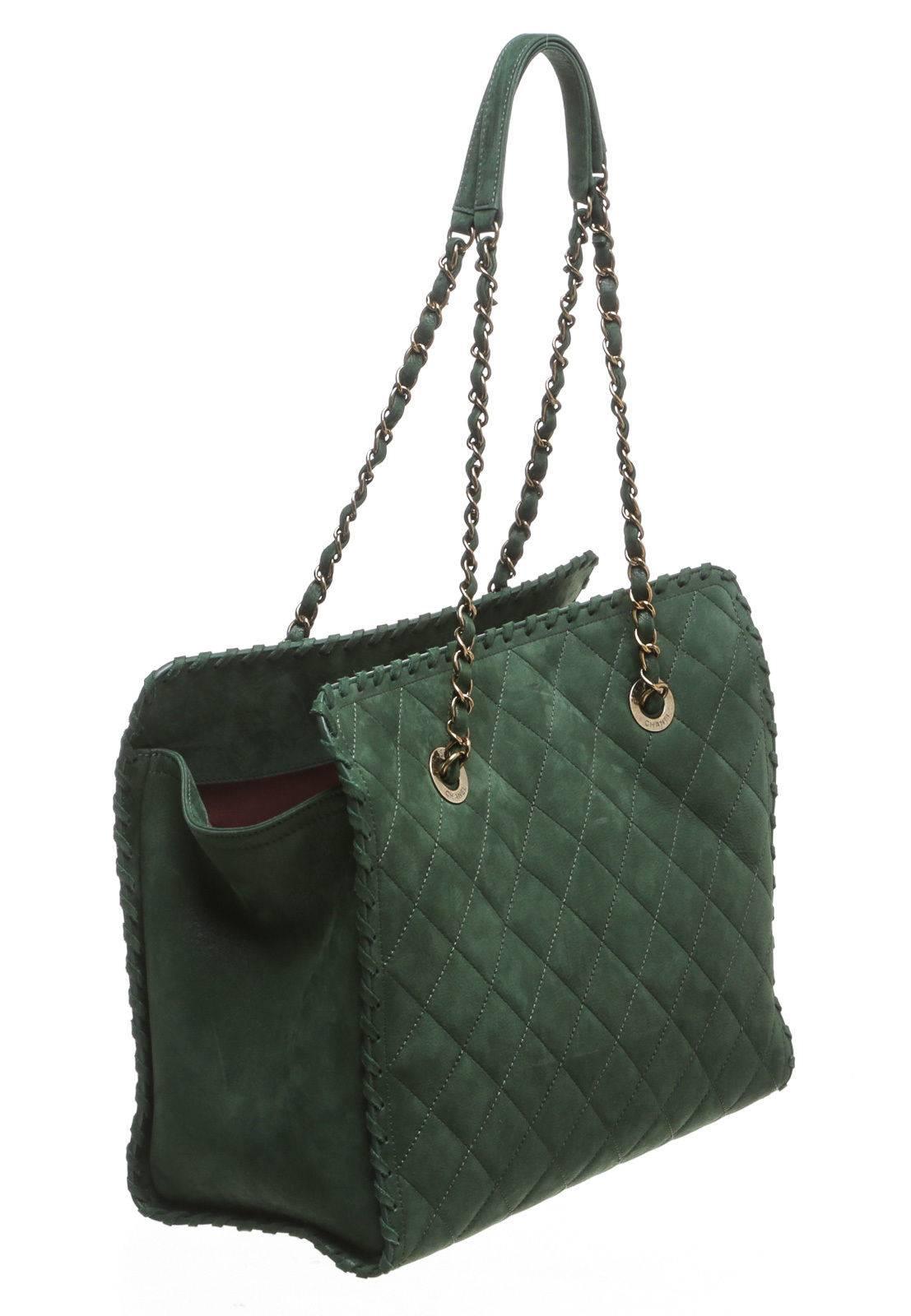 Black Chanel Green Suede Whipstitch Tote Handbag For Sale