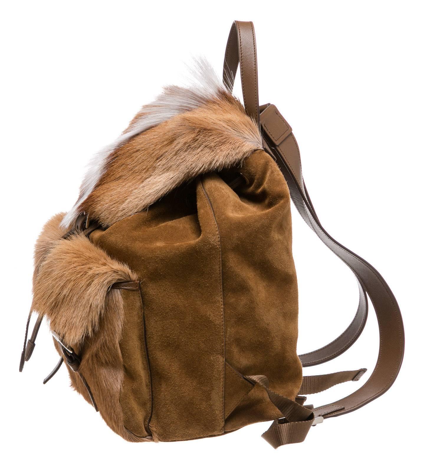 Prada Brown and White Suede and Springbok Fur Backpack  In Good Condition For Sale In Corona Del Mar, CA
