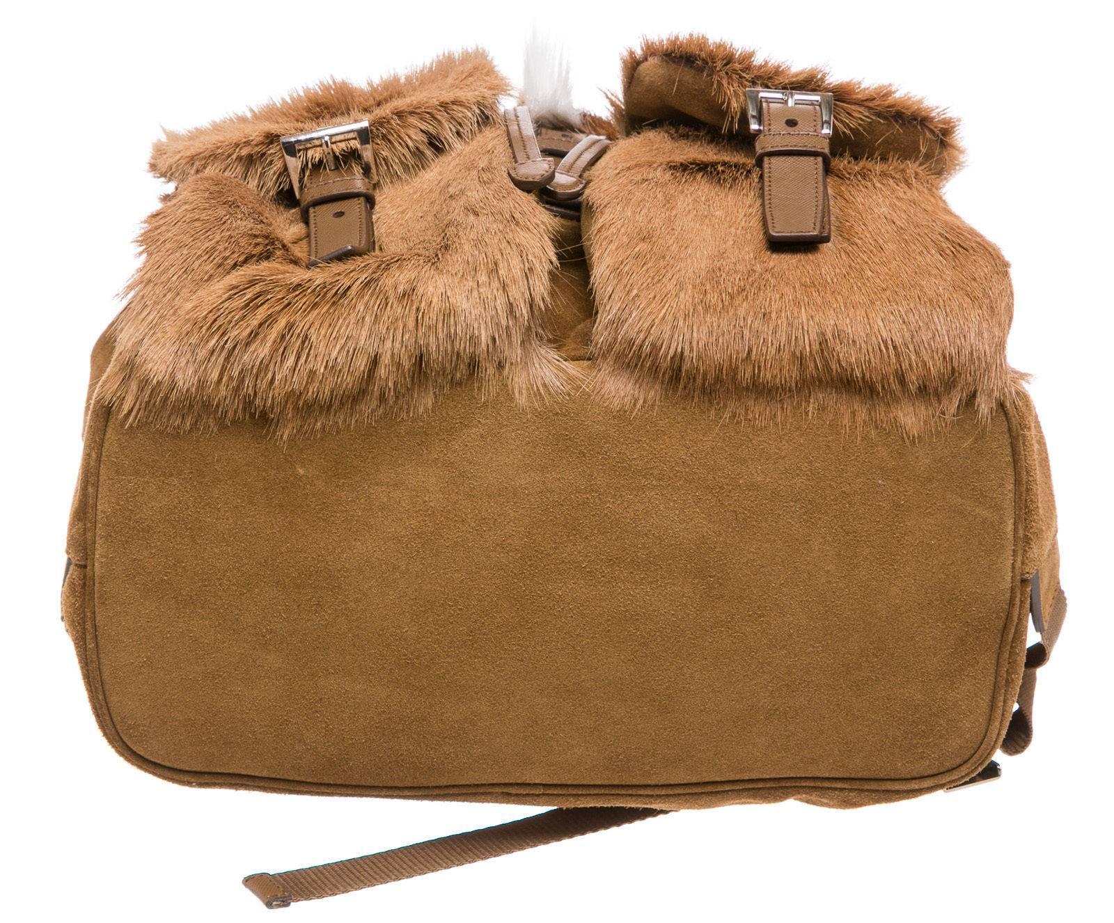 Women's Prada Brown and White Suede and Springbok Fur Backpack  For Sale