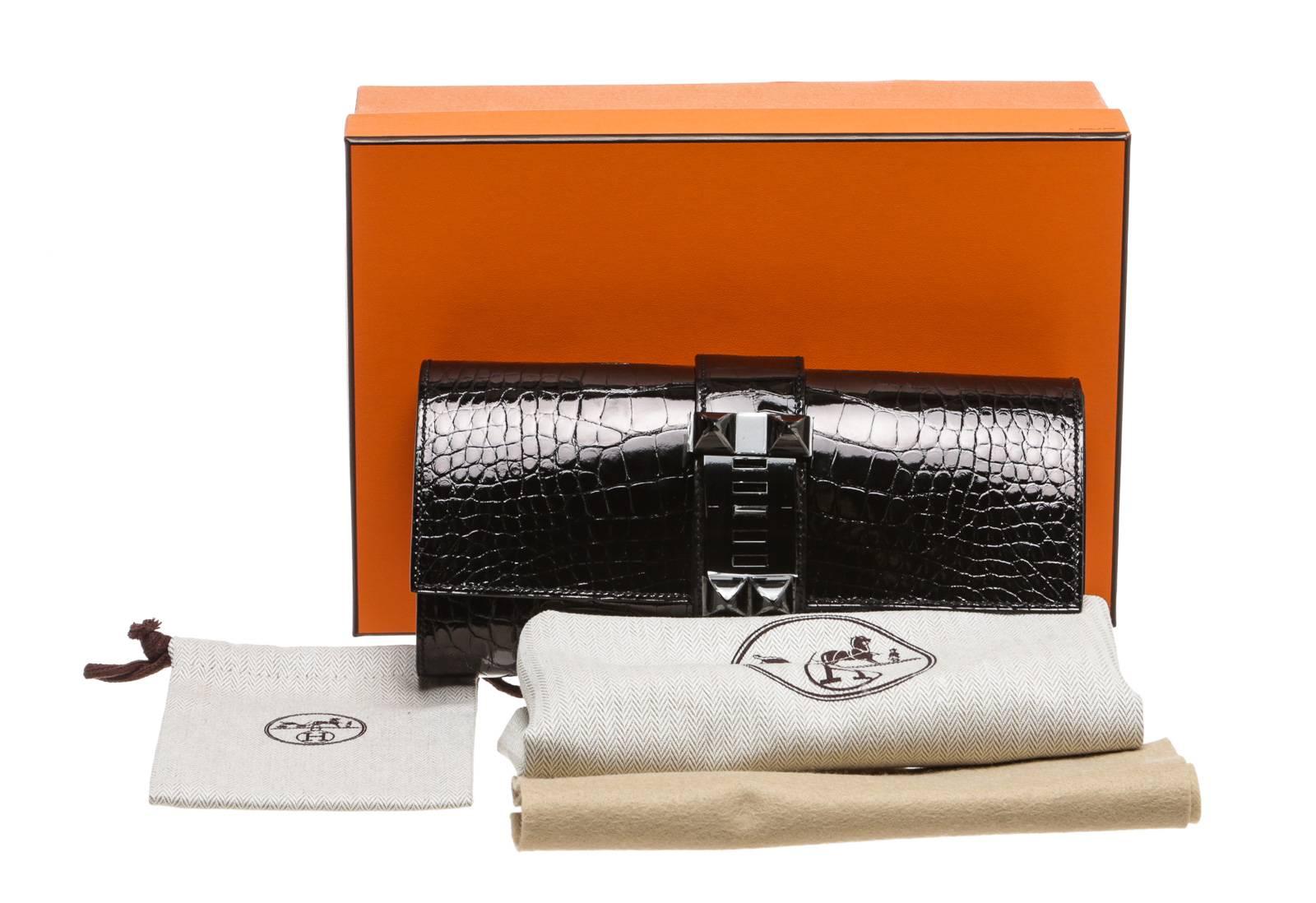 Hermes Black Alligator Medor 23cm Clutch Handbag For Sale 3
